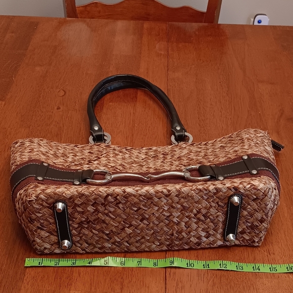 Wicker Tote Bag Brown Black 14" - Picture 2 of 6